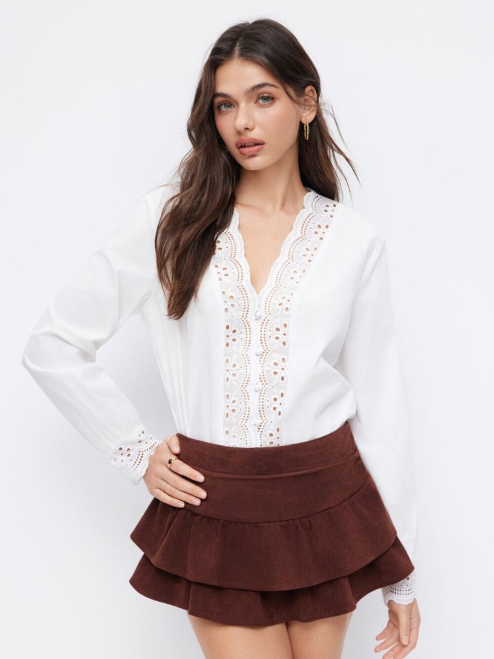 NWT Cider Button-Up Lace Trim White Blouse, Cropped, Size: M